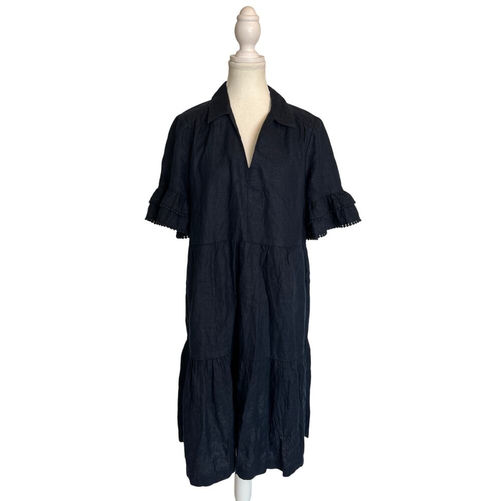 Chico's | Classic Navy Ruffle Sleeve Linen Sundress w/Pockets | 6